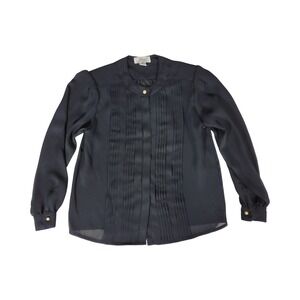Vintage Alicia Black‎ Long Sleeve Pleated Front Button Up Blouse Women Medium